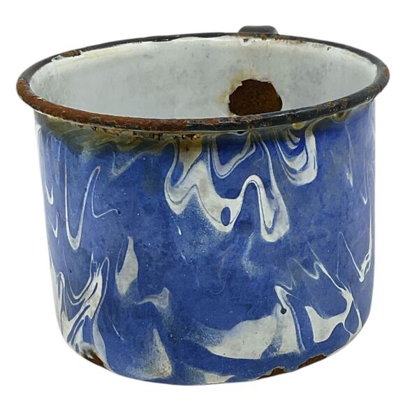 Blue Swirl Graniteware Coffee Cup Black Rim Enamel Cowboy Mug Chuckwagon - Picture 2 of 8